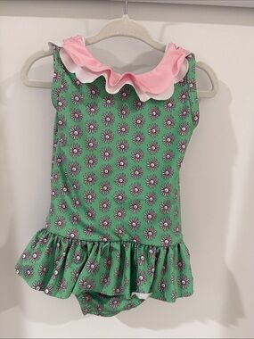 bella bliss Green Daisy One-Piece Swimsuit with Pink Ruffle Collar